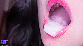 Close-up Red Lips Blowjob, Tongue Play And Oral Creampie