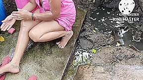 Indian House Wife Bathing Outside